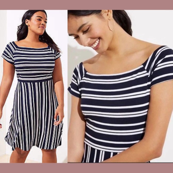 NWT $70 LOFT Plus [ 16 16W‎ ] Striped Wrap Back Flare Dress in Blue White #T1512 - Picture 2 of 15